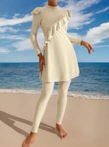 Swim Mulvari 2pcs Ruffle Trim Solid Color Strapless Burkini Set With Long Pants For Summer Beach Vacation - Beige - View 3