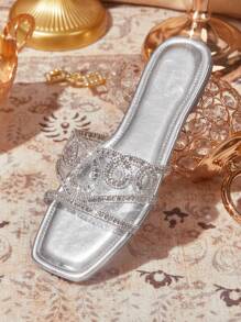 CUCCOO TILAWA Women's Fashion Square Toe Casual Outdoor Rhinestone Slip-On Flat Sandals - Silver - View 3
