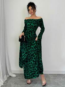 Elenzga 女士豹纹露肩超长袖优雅连衣裙长款女装