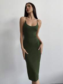 Aloruh 女式简约性感露背系带侧开衩中长连衣裙 - 墨綠色 - 查看 2