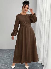 Modelyn Plus Size Solid Color Long Sleeve Dress, Fashionable For Summer - Coffee Brown - View 2