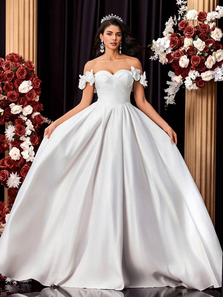 Glamrae Elegant White Satin Off The Shoulder Ruched Front Floral Decor Adjustable Tie Back Maxi Ballroom Dress With Dramatic Tail Train, Wedding Dress, Bride - White - View 1