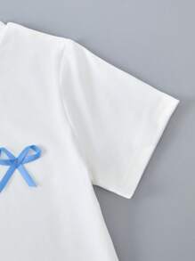 SHEIN 2件套青少年女孩休闲可爱蝴蝶结T恤和百褶裙校园风服装 - 淺藍色 - 查看 6