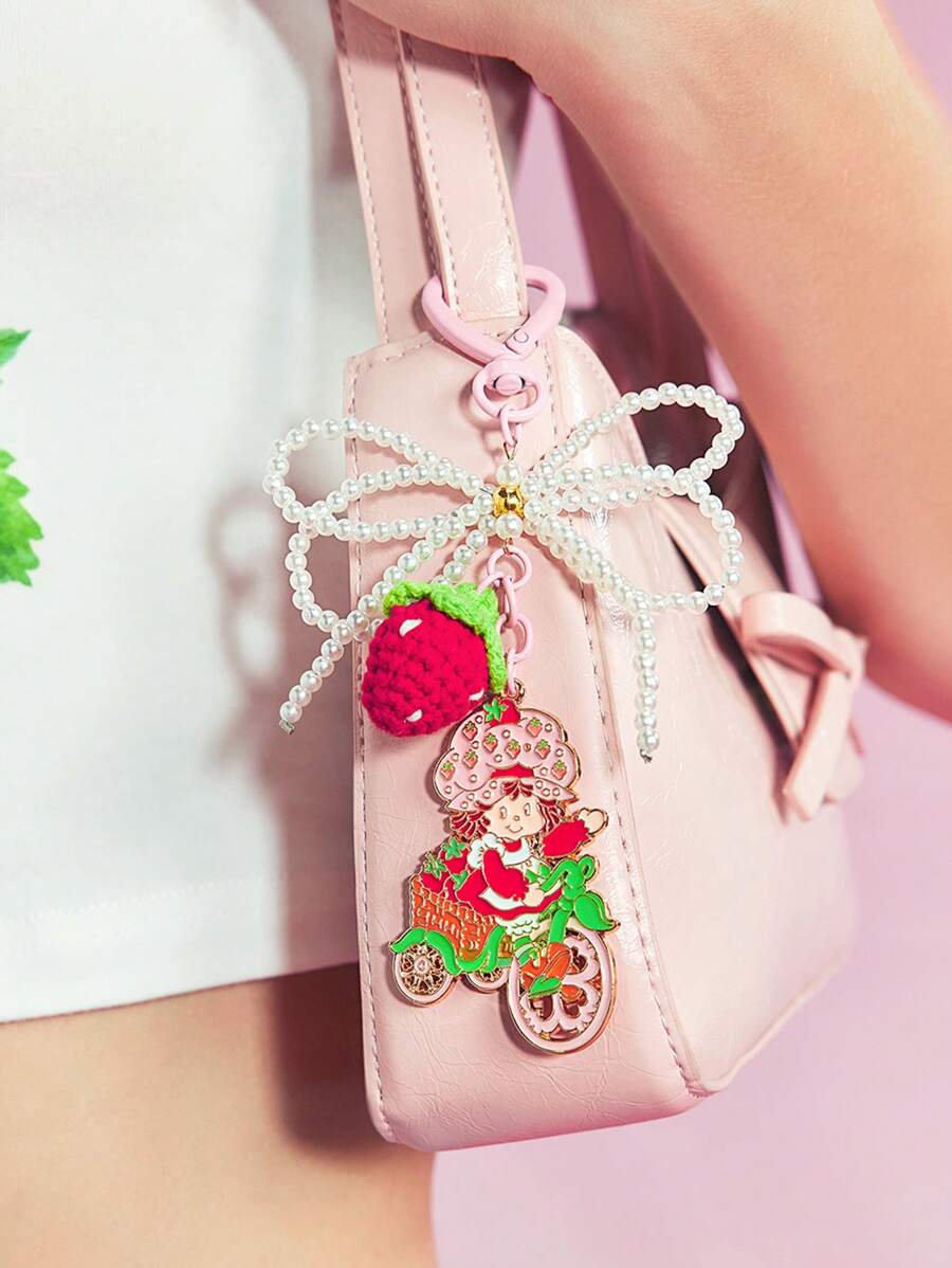 Strawberry Shortcake X SHEIN Handmade Faux Pearl Bow Crochet Strawberry & Alloy Cute Pink Bicycle Keychain Bag,Gift Ideas,Valentine's Day, Summer / Spring , Vacation - Multicolor - View 1