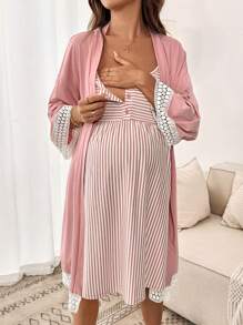 Slowluna 2 pièces Ensemble de veste à patchwork en dentelle bicolore et robe-débardeur rayée pour femmes enceintes - Rose bonbon - Voir 6