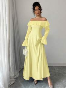 Elenzga 女士时尚新款露肩长裙 - 黃色 - 查看 6