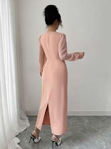 Modelyn French Elegant Fitted Floral Print Square Neck Slimming Dress - Pink - View 2