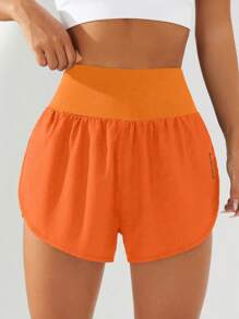 Powerista 高腰开衩运动短裤，纯色简约设计，适合夏季毛衣短裤 - 橘色 - 查看 3