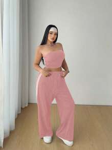 POPSWAY 2pcs/Set Plus Size Women Contrast Color Splicing Sleeveless Crop Top And Elastic Waist Loose Fit Sports Pants - Pink - View 4