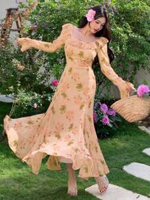 DAZY Damen langes Blumenkleid, Frühlings-/Herbstkleid mit Langarm