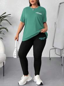 SHEIN EZwear 2 件大码短袖圆领 T 恤和裤子套装 - 墨綠色 - 查看 4