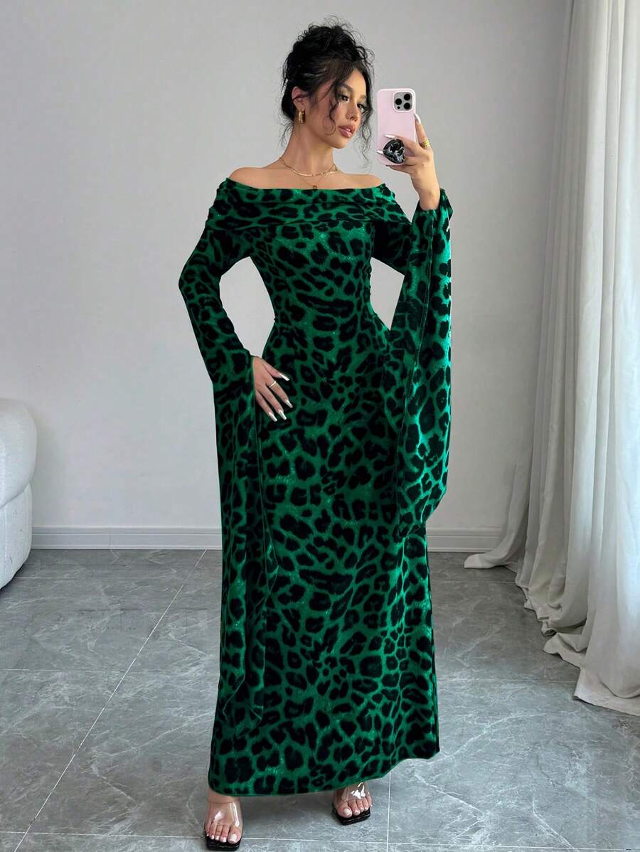 Elenzga 女士豹纹露肩超长袖优雅连衣裙长款女装