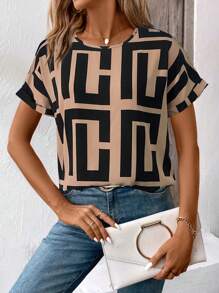 SHEIN Clasi Woman Casual Vacation Random Print Blouse - Khaki - View 3