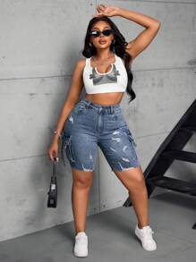 SHEIN SXY 大码休闲洗水做旧工装牛仔短裤