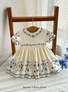 Cozy Pixies Đầm ôm eo tay ngắn cổ tròn họa tiết cây và hoa cho bé gái sơ sinh - Màu be - Xem 7