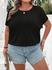 SHEIN CURVE+ Plus Size Color Block Lace Splicing Short Sleeve T-Shirt, Suitable For Vacation, Beach, Summer - Black - View 8