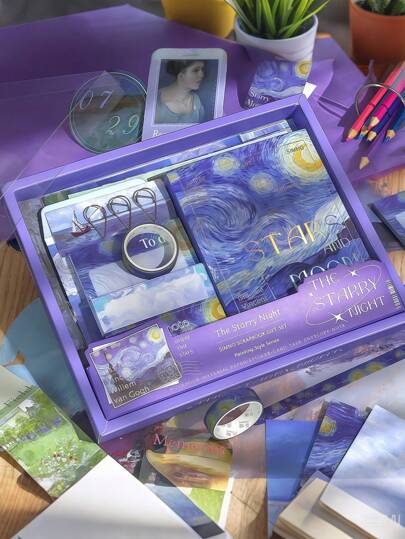 116pcs/Set Vintage Scrapbook Supplies Set Plus, Van Gogh Oil Painting Colorful Large Scrapbook Set,Including A5 Notebook And Art Journaling Bullets Trash Journal Supplies With Stickers And Washi Tape, Wall Art, DIY Craft Gifts Back,Birthday Gift(Gift Box Packaging),Back To School,School Supplies