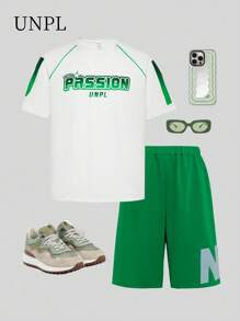 SHEIN Teenager Jungen Outfit mit Buchstaben Muster Kurzarm T-Shirt und Shorts - Weiss - Übersicht 3