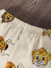 SHEIN Persoplay Kids 2pcs/Set Baby Boy Casual Cute Summer Lion Print Outfit, Round Neck Short Sleeve Top Paired With Bull Print Shorts, Grey-Green, Simple Casual, Soft And Comfortable, Suitable For Daily Wear, School, Outdoor, Travel, Leisure, Sports