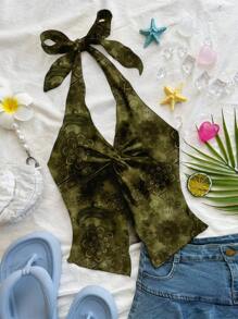 Soleia Modisches, sexy Neckholder-Camisole mit Knotensaum und Schlitz, offener Rückseite, geeignet für den Sommer, Vintage-Paisley-Print, Rave-Top - Verschiedenfarbig - Übersicht 3