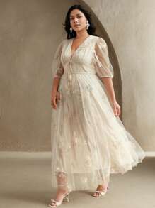 Anewsta 春夏优雅度假婚礼宾客礼服女士大码春夏网眼刺绣音乐节腰带泡泡袖连衣裙