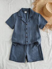 Vintaside Kids Tween Boy Vintage Embroidery Collar Short Sleeve Shirt And Versatile Casual Shorts Set, Spring/Summer