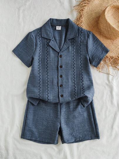 Vintaside Kids Tween Boy 复古刺绣领短袖衬衫和百搭休闲短裤套装，春夏