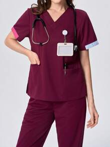 Scrubzie 2pcs Set Women Scrub Top With Contrast Trim & Multiple Pockets + Pants, Nursing Scrub Uniform - Burgundy - View 5