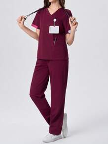 Scrubzie 2pcs Set Women Scrub Top With Contrast Trim & Multiple Pockets + Pants, Nursing Scrub Uniform - Burgundy - View 6