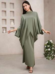Veilorie 女士优雅纯色蝙蝠袖罩衫和裙子阿拉伯风格套装 - 綠色 - 查看 4