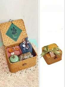 1pc Handwoven Storage Basket With Lid, Boho Style Desktop Storage Box, Multifunctional Hanging Container For Kitchen, Bathroom, Bedroom, Living Room, Office, Home Decor, Kitchen Accessories, Halloween, Christmas, Geometric Woven Boho Baskets, Wood Rattan Plant Pot Holders, Natural Mix Rope Decor For Coastal Vibes Outdoor Spaces - Mocha Brown - View 3