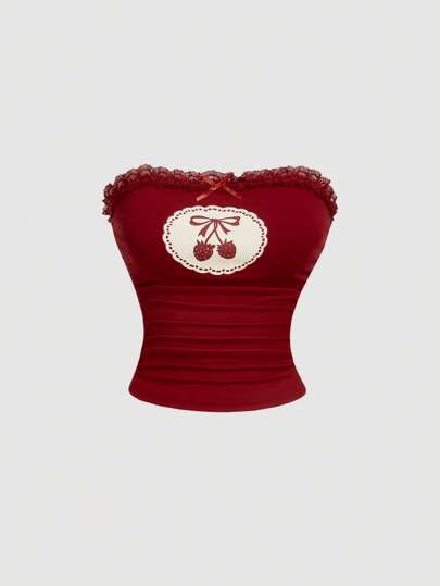 SHEIN MOD 夏季休闲樱桃印花抹胸 Y2K 图案 T 恤女式上衣、Rave 上衣、抹胸