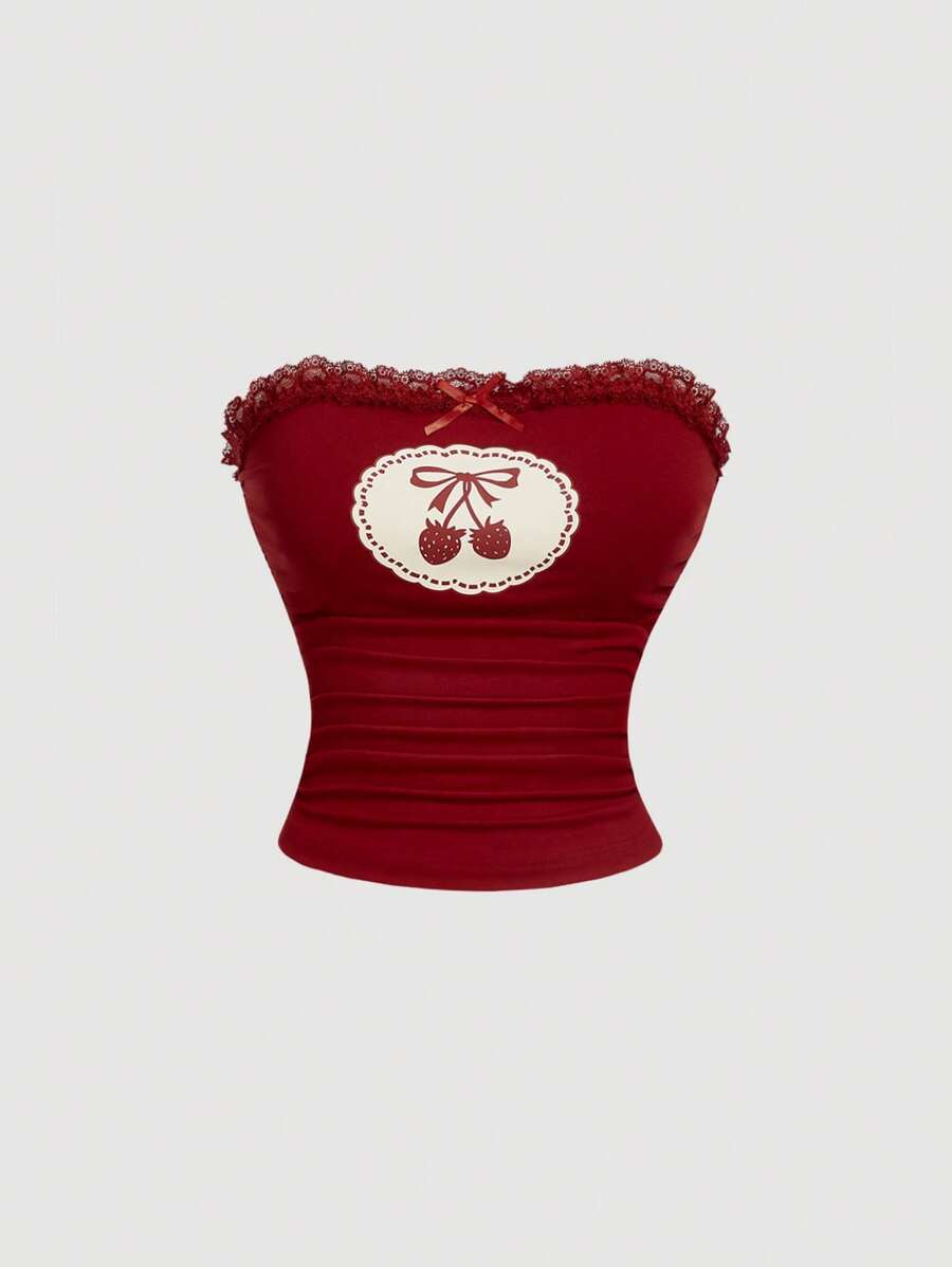 SHEIN MOD Summer Casual Cherry Print Tube Top Y2K Graphic Tees Women ...