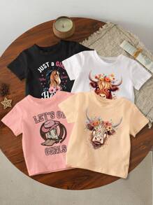 SHEIN Young Girl 4pcs/Set Casual Short Sleeve T-Shirts With Cow Head, Horse & Cowboy Boots Print For Summer - White - View 1