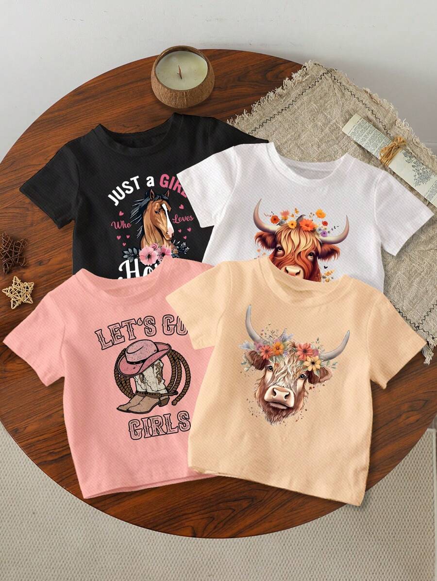 SHEIN Young Girl 4pcs/Set Casual Short Sleeve T-Shirts With Cow Head, Horse & Cowboy Boots Print For Summer - White - View 1