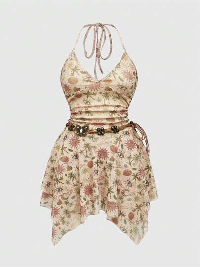 Kawaii Plus Size Hippie Style Coconut Tree, Sun & Moon Pattern Mesh Cover-Up Dress