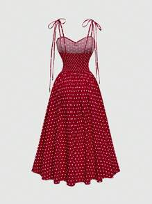 Sweetra 大码复古浪漫可爱蝴蝶结吊带长裙 - 紅色 - 查看 2