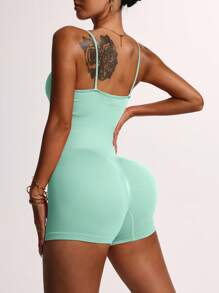 Easithlete Women's Yoga Rompers One Piece Ribbed Spaghetti Strap Exercise Romper - Mint Blue - View 5