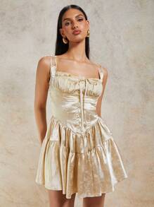 COSMINA Women's Ballet Bow Contrast Lace Ruffle Hem Short Summer Vintage Flowy Dress - Khaki - View 4