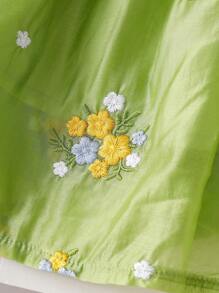 SHEIN 女婴黄色花卉刺绣吊带背心和裙子套装，夏季 - 綠色 - 查看 8