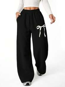 SHEIN Tween Girls Bow Graphic Loose Straight Leg Sweatpants, Suitable For Casual And Commuting Wear - Black - View 3