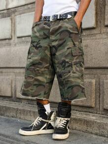 PAVTROS 男式休闲工装口袋迷彩磨边宽松牛仔短裤