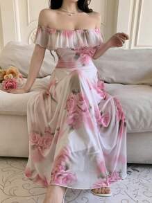 Modelyn Women's Off-Shoulder Mesh Printed Ruffled Hem Flare Dress, Summer - White - View 4