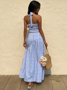 Sunnyshic Set elegante da donna composto da una camicetta allacciata a quadri e una gonna ampia