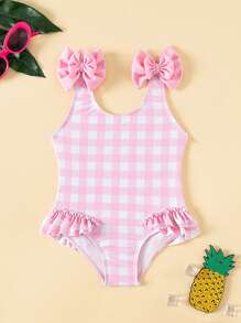 Baby Girl Cute Bow-Decorated Ruffled One-Piece Swimsuit,Light Pink Plaid Swimsuit - Baby Pink - View 5