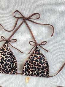 Swim Mod 2pcs Leopard Print Bikini Set, Featuring Spaghetti Strap, Bow Accent, Sexy Design For Women - Multicolor - View 3