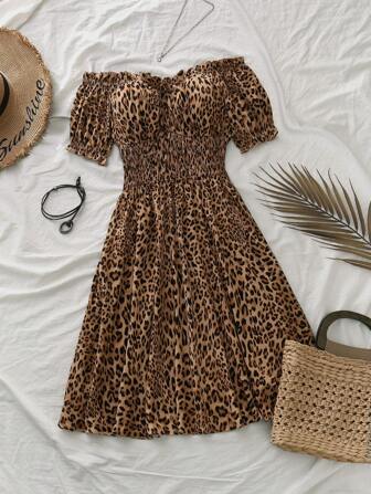 SHEIN VCAY Plus Size Vacation Off-Shoulder Dress With A Leopard Dress, Mother's Day Gift, Easter Clothes, Vacation Outfits Women, Concert Outfit Women, Graduation Dresses For Women,Summer Outfits For Women Women Short Dresses Summer Women Summer Clothing,Sun Dresses For Women