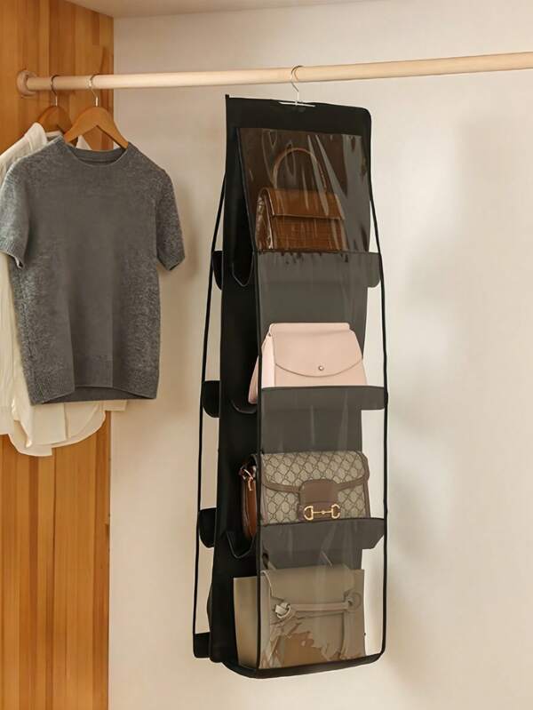 SHEIN Foldable Hanging Storage Bags For Purses, 8 Or 6 Pocket Handbag Storage Organizer ,Multi-Layer Double-Sided Organizer With Dustproof Design, Wall Mount Handbag Closet,Foldable And Universal Fit