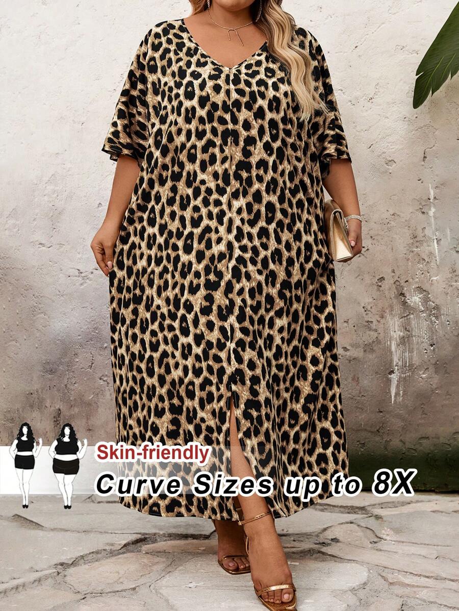 SHEIN CURVE+ CURVE 大码 V 领长袖纯色拼接宽松休闲连衣裙,Curve Plus,波西米亚风女士度假海滩装/沙滩裙/海滩度假装/海滩必备品/毕业/茶会礼服 - 棕色 - 查看 1