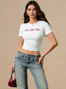 Poéselle Casual "Just Chill Out" Graphic Crop Top - Comfortable For Everyday Wear,Women's Graphic Tees, Crop Tops, Casual Summer Shirts, Relaxed Fit T-Shirts, Street Style Outfits